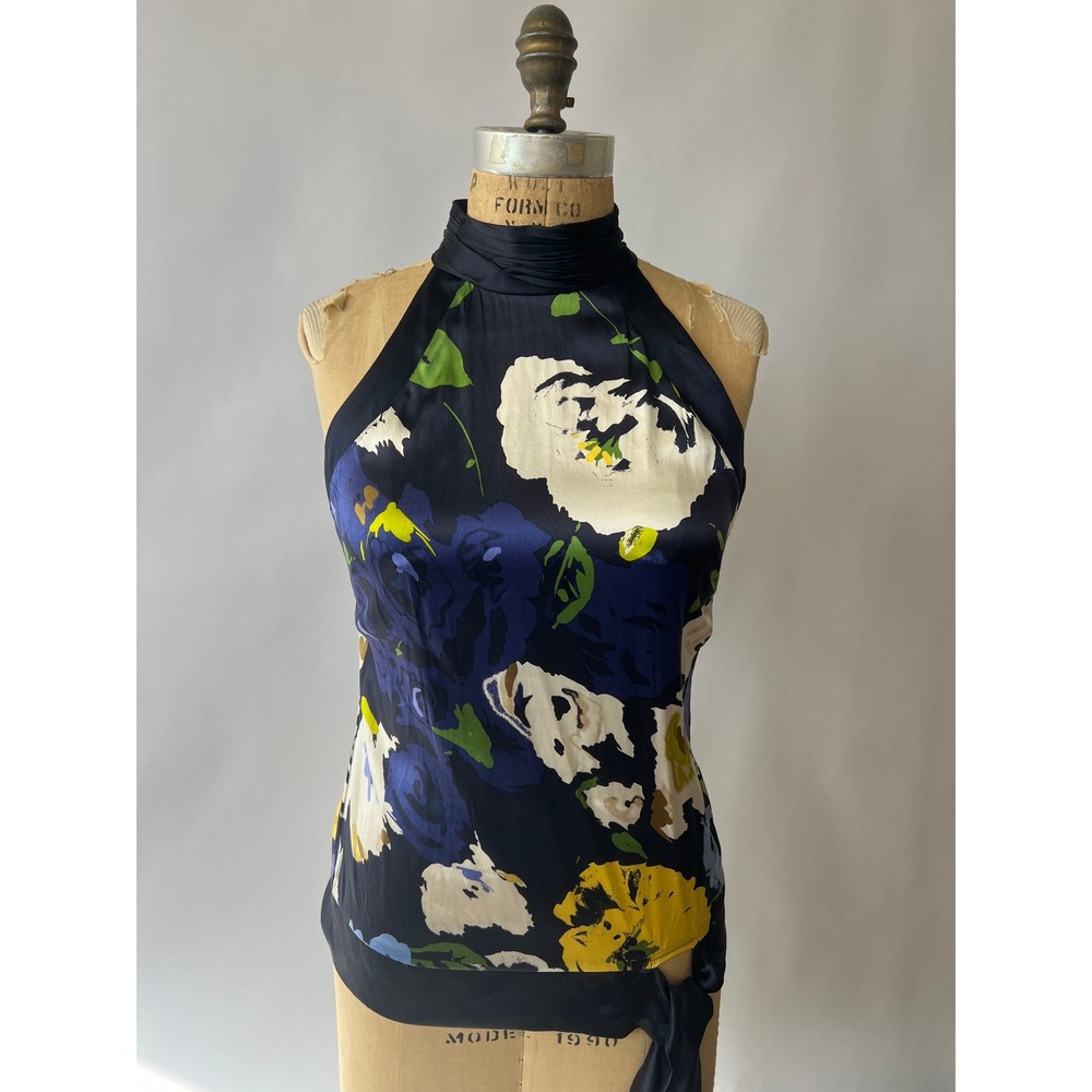 Cache Womens Navy Floral Satin Halter Neck Blouse Side Tie Keyhole Back Top